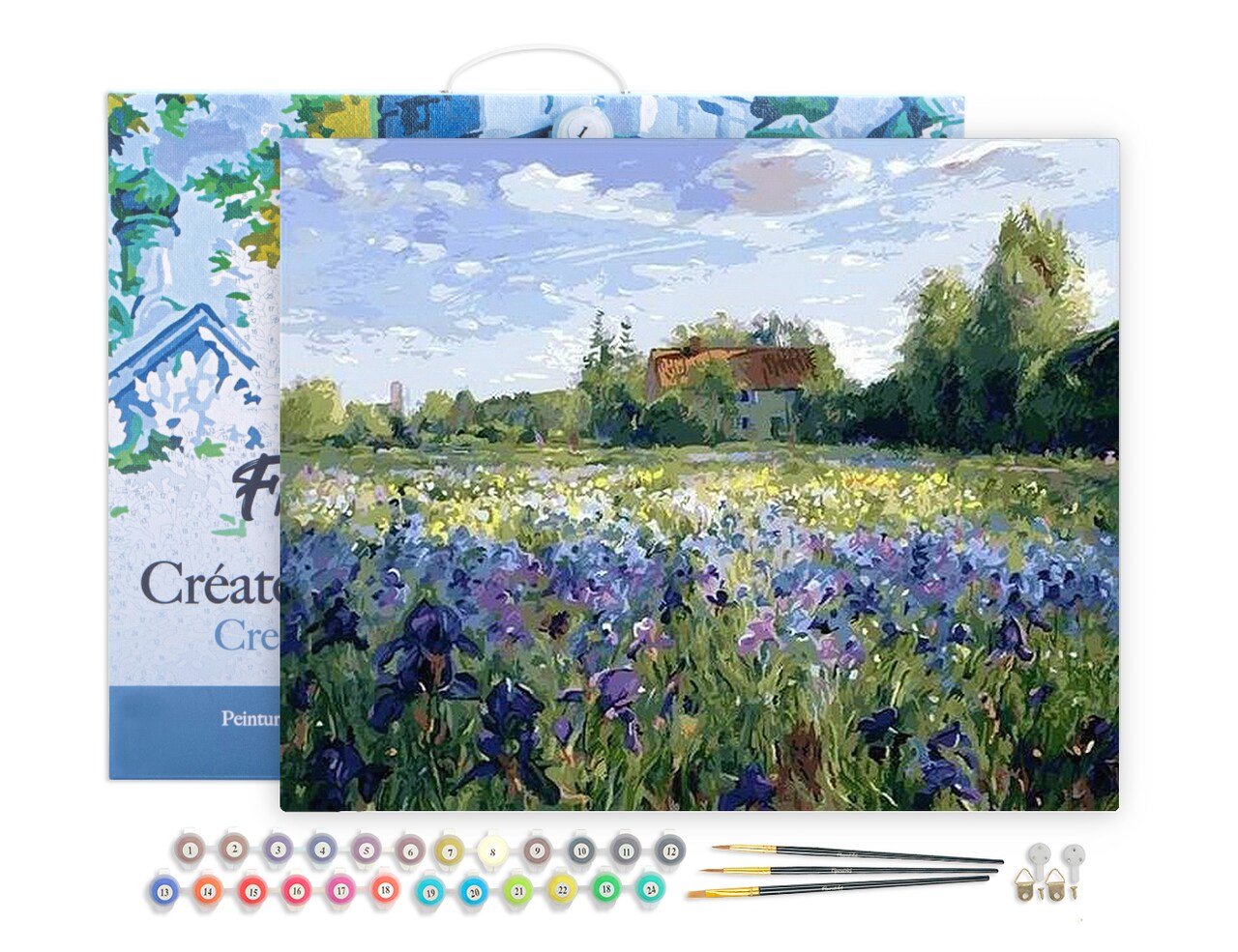 Figured'Art Paint by Numbers for Adults with Frame Countryside field and Blue Flowers 16"x20" - Craft Art Painting DIY Kit Canvas Already Stretched on a Wooden Frame